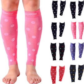 Doc Miller Manga de Compresión Para Pantorrillas (1 par) 20-30 mmHg Medias de Compresión Mangas Para Ejercicio, Recuperación, Dolor, Varices y Calambres en Piernas (Rosa Blanco, Grande)