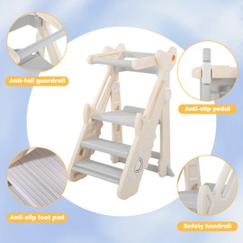 GCCSJ Foldable Learning Tower for Toddlers - Adjustable Height Kitchen & Bathroom Step Stool with Non-Slip Foot Pads, Safety Rails, Portable Kids Helper Stool, Beige