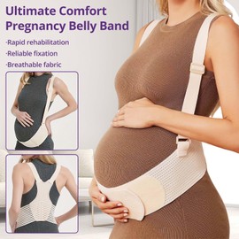 Maternity Belly Band with Back Support – Over-the-Shoulder Pregnancy Support Belt with Lumbar Support, Breathable Mesh Design, Strong Adjustable Hook & Loop Straps, No Digging Comfort for All-Day Wear (Beige, Large（154-187LB）)