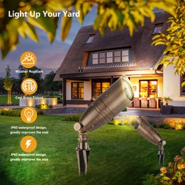 Onisdin Brass Wired Landscape Light, Low Voltage Landscape Light,12V AC Uplighting Outdoor, Directional Outdoor Landscape Spotlight(4-Pack with PVC Ground Stakes,4 Light Bulbs,4 Code Cutters)