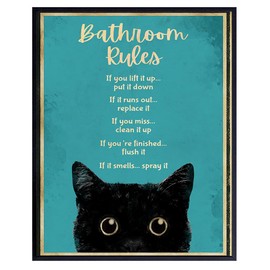 Bathroom Rules Wall Decor - Cat Bathroom Decor - Funny Bathroom Wall Art - Bath Wall Decor - Powder Room - Guest Bathroom - Restroom Sign - Blue Bathroom Decorations for Women, Kitty, Kitten Fan