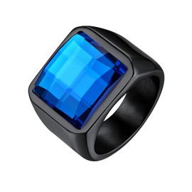 Bestyle Black Men Signet Ring-15mm*15mm Blue Topaz Sapphire Gemstone Ring Cubic Zirconia Ring for Men-Chunky Black Metal Plated Stainless Steel Ring Cool Band Finger Ring, Size 8