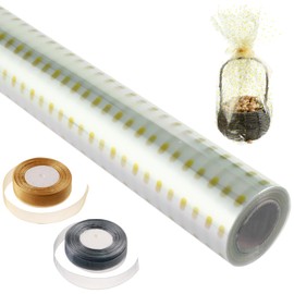 Clear Cellophane Wrap Roll 31.5" Wide x 98 Ft Long 3 Mil Thick Plastic Transparent Cello Wrapping for Gift Baskets, Flower Bouquets, Large Cellophane Sheets for Arts & Crafts, Golden Polka Dots