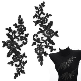 HOBBIESAY 4Pcs Embroidery Sequin Lace Appliques Black Leaf Flowers Patches Polyester Decorative Floral Appliques Dress Gown Sewing Decorations for Fabric DIY Crafting 24x10x0.15cm