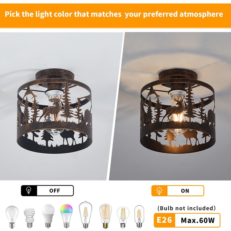 Monaxon Rustic Semi-Flush Ceiling Light, 9.1" Black Metal Fixture with