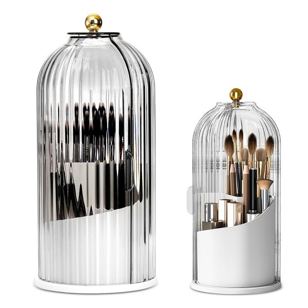 Makeup Brush Holder with Clear Lid, 360° Rotating Make Up
