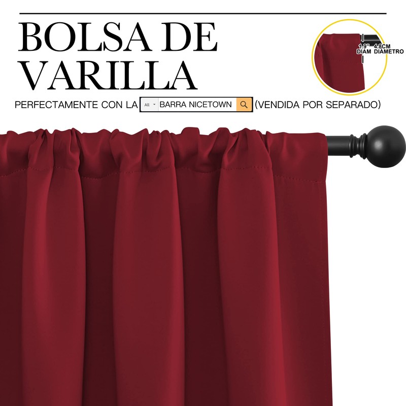 NICETOWN - Cortinas Opacas con Bolsillo para cortinero (Rojo, 1