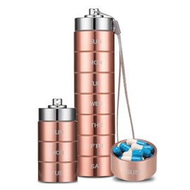 Metal Pill Organizer Weekly,Stackable Waterproof Travel Pill Box,Travel Hiking 7 Day Pill Box Case,Date Display,Large Compartment to Hold Pills, Vitamins, Capsules,Fish Oil, Supplements (Rose Gold)