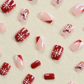 JUSTUSNX Pack of 24 Red Christmas Fake Nails Short False Nails Snowflake Striped Press on Nails for Women and Girls (B)