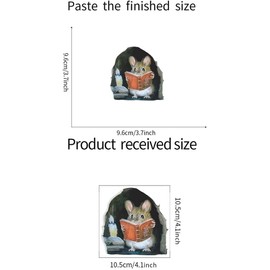 3Pcs 3D Mouse Hole Wall Stickers,Mouse Reading Book in Wall Decals Water Proof Funny Wall Sticker for Bedroom Nursery Wall Decor Walls Stickers and Murals