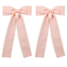5.5" Coral Long Tail Chiffon Ribbon Hair Bows Alligator Clips 2pc Handmade Cotton Lined Frayed Fringe Ribbons Summer Dress outfits Decoration Accessories for Women Girls