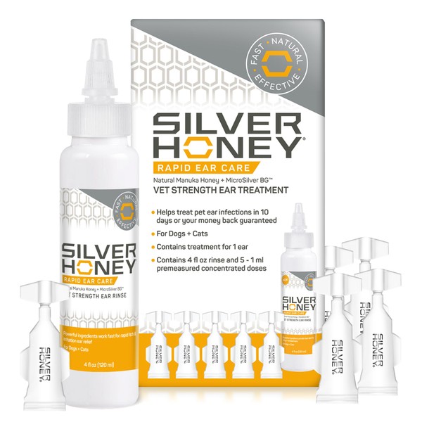 Absorbine Silver Honey Rapid Ear Care Vet Strength Ear Cleaner + Infection Treatment, 10-Day Regimen for 1 Ear, Safe for Dogs, Cats & All Animals, Medical Grade Manuka Honey & MicroSilver BG