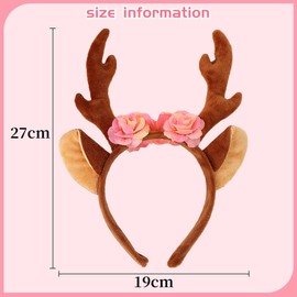 Reindeer Headband with Flowers + Reindeer Face Sticker, FUKPO Deer Ears Headband Costume Women Girls Children Adults Headpiece Antlers Carnival Theme Party Fancy Dress Cosplay Christmas