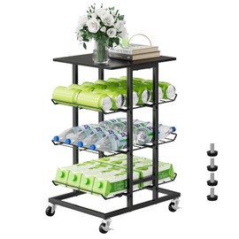 smusei Water Bottle Organizer 3 Tier Free Standing Water Bottle Storage Rack Mobile Beverage Snack Cart with Wheels, Bottled Water Rack for Floor Metal Drink Shelf Stand for Pantry Living Room