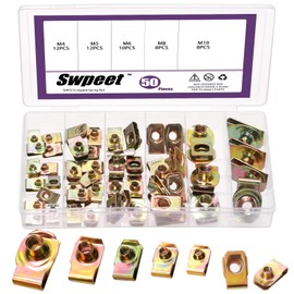 Swpeet 50Pcs M4 M5 M6 M8 M10 Carbon Steel Auto Car U-Clip Assortment Kit, U-Shaped Nut U Nut, Metal Trim Panel Spring Clip Fasteners for Dash Door Panel Interior Compatible with Most Auto (Colored)