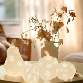 Leinuosen 4 Pcs Thanksgiving Lighted Resin Pumpkin Decorations Pumpkins Fall Centerpiece Table Figurines Decorations for Home Harvest Tabletop Autumn(White)