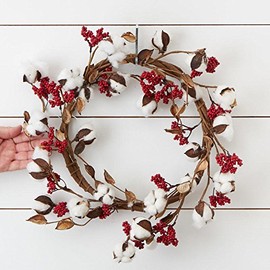 Factory Direct Craft Artificial Cotton Boll and Red Berry Cluster Wreath | for Indoor Décor