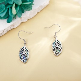 Feather Dangle Earrings Sterling Silver Peacock Drop Earrings Abalone Shell Feather Jewellery for Women