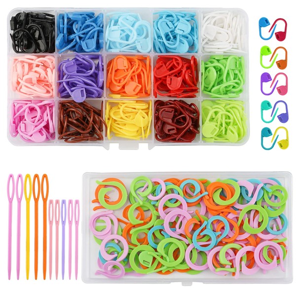 KAMAIKA 400 Stitch Markers, 15 Colours Knitting Crochet Locking Stitch Needle Clip with 2 Open Knitting Markers and 2 Large Plastic Needles with Large Eyelet and Transparent Storage Box for Knitting