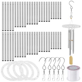 Swpeet 60 piezas de tubos de timbre de viento y círculos superiores transparentes de timbre de viento con alambre de timbre de viento de 100 yardas y ganchos giratorios, kit de fabricación de clips de timbre de viento para colgar campanillas de viento