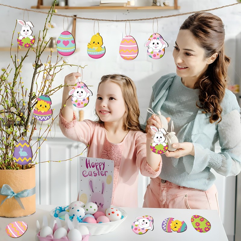 FainFun Easter Egg Pendants, Pack of 24 Easter Reko Wood,
