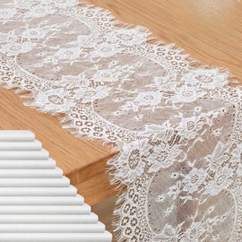 12 Pack White Lace Table Runners 14 x 120 Inch White Rustic Lace Fabric Table Runners with Rose Embroidered Floral Vintage Table-Runner for Party Wedding Bridal Shower Decorations