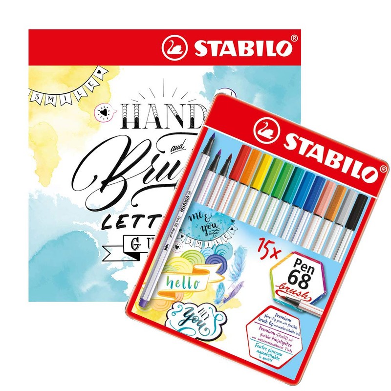 STABILO Pen 68 Brush Pens with Handwriting Instructions, 15 Assorted