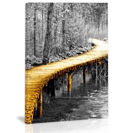 Grey and Yellow Wall Art Yellow Bridge Black and White Forest Canvas Painting Prints Pictures Home Decor for Living Room Dining Room Bedroom