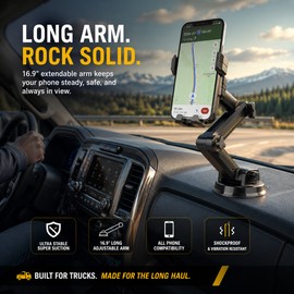 Long Arm Truck Phone Holder for Dashboard and Windshield – 16.9-Inch Suction Mount for Pickup and SUV Use