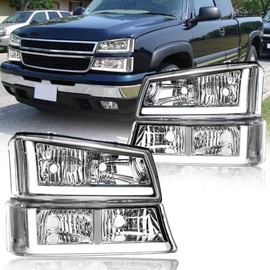 DimFlux LED DRL Headlight Compatible with 2003-2006 Chevy Silverado/ 2003-2006 Avalanche 1500 2500, without Factory Cladding Models Headlights Assembly Kit Chrome Housing Clear Reflector