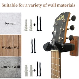 Guitar Wall Mount 2 Pack, Auto Lock Guitar Wall Hanger Guitar Holder with Wood Base Guitar Hook for Electric Acoustic Guitar, Bass, Banjo and Mandolin Guitar Accessories (Wood - 2pcs)