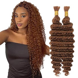 Jucames Real Hair Wefts, Deep Wave Human Braiding Hair Extension, Unprocessed Remy Hair Wefts, No Weft, Light Brown Colour, for Women, 16 / 16 Inches