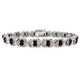 Sterling Silver Genuine or Synthetic Gemstone Oval X Design Polished Tennis Bracelet for Women, Metal, Garnet