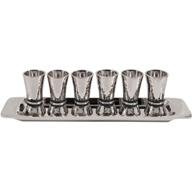 Liquor Cup Set of 6 Hammered Nickel Cone Shaped Designed with Colored Rings (Black Rings)