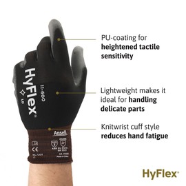 HyFlex 11-600 Multi-Purpose Light Duty Industrial Gloves w/Palm Coating for Metal Fabrication, Machinery, Automotive - Size 5, Black (144 Pairs)