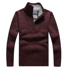 Les umes Mens Quarter Zip Jumper Plaid Fleece Lined Knit Turtleneck Sweater Warm Long Sleeve Stand Collar Pullover Wine S