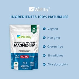 Wellthy Magnesio Marino Frances 60 Cápsulas con Sello SIMAG de autenticidad. 60 Porciones, 377mg, VCaps Cápsulas Veganas, Bottle Free.