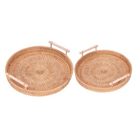 2PCS Hand Woven Rattan Tray Round Serving Tray Tea Fruit Storage Plate for Household Kitchen