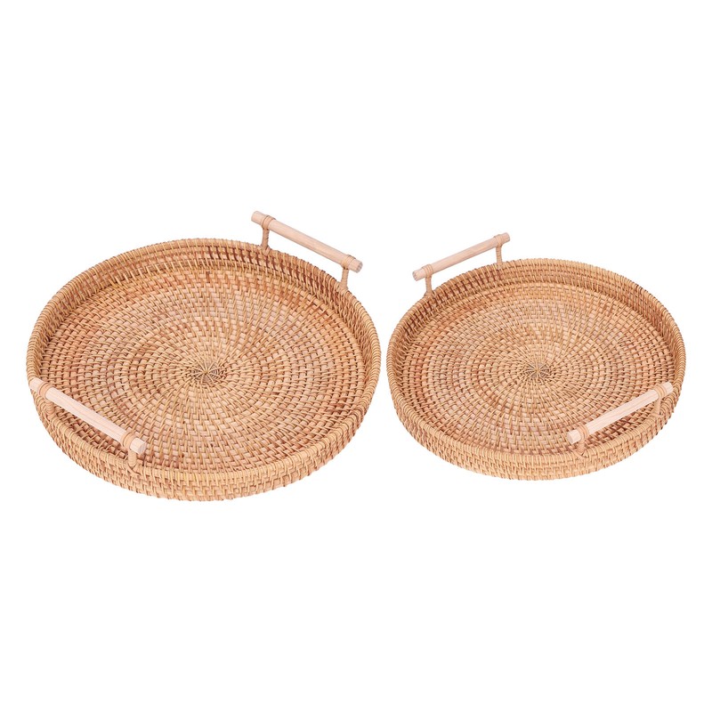 2PCS Hand Woven Rattan Tray Round Serving Tray Tea Fruit