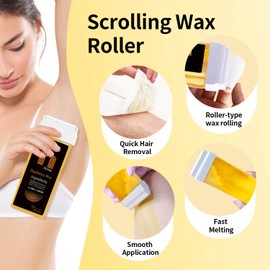 Roll On Wax Refill, Hair Removal Wax Cartridge, Depilatory for Legs and Arms. with 4 Wax Rollers, 50 Waxing Strips,5 Clean Oi. (Honey)