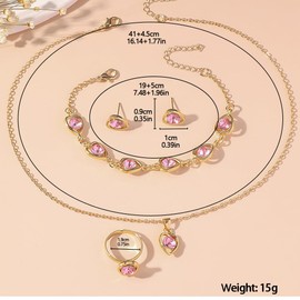 FDEETY 4 Pieces Jewellery Set Pendant Cubic Zirconia Necklace Earrings Heart Bracelet and Rings Jewellery Set for Girlfriend Christmas Valentine's Day Mother's Day for Women Girls, Stainless Steel, No