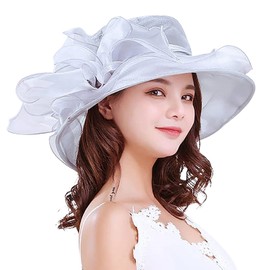 Women Organza Church Hat Elegant Summer Wide Brim Hat Wedding Party Cap Travel Mesh Hat Vintage Flower Gauze Sun Beach Cap Protection Cap Tea Party Fascinator Hat Grey