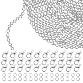 Kurtzy Silver Chain for Making Your Own Chains - 10 m x 2.5 mm Iron Link Chain Silver, 30 Carabiner Hooks & 30 Split Jump Rings - DIY Chains, Bracelets & Jewellery Making for Men and Women