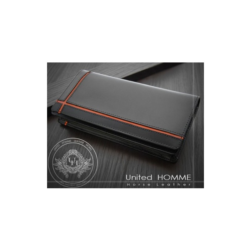 United HOMME UH-1074 Black Horsehide Cross Line Bi-Fold Long Wallet,