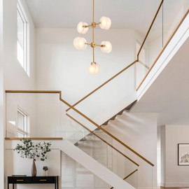 VANZARLA 5-Light Sputnik Pendant Light Gold Finish, Modern Glass Chandelier for Foyer, Vintage Hanging Light Fixture for Entryway Kitchen Dining Room Bedroom