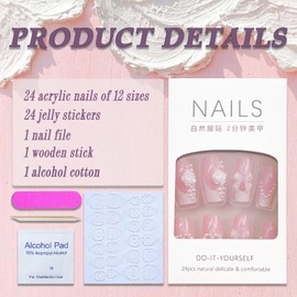 Medium Press on Nails Square Cute French Tip Fake Nails White 5D Bow Rose Pearl False Nails with Designs Cute Acrylic Nails Glossy Glue on Nails Manicure Artificial Nails for Women Girls 24Pcs