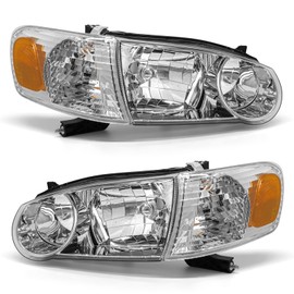 TopAutoGear for 2001 2002 Toyota Corolla Headlight Assembly Clear Lens Chrome Housing with Amber Reflector Headlamps Replacement Left and Right Pair