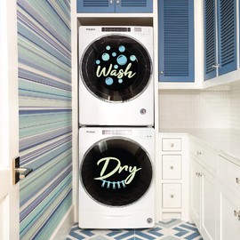 Decal Sticker Vinyl Removable Home Decor Laundry & Wash Area Vinyl Home Decoration Soap Bubbles Wash & Dry Lettering Art Design Removable Washing Machine Glass Door Label Decal Sticker 10" x