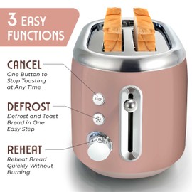 MUELLER HOME Retro Toaster 2 Slice, 7 Browning Levels, 3 Functions (Reheat, Defrost, Cancel), Stainless Steel Features, Removable Crumb Tray, Under Base Cord Storage, Pink Kitchen Accessories Décor