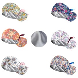 6Pcs Satin Lined Scrub Caps Women Ponytail, Adjustable Surgical Caps for Women, Scrub Hats, Nurse Cap, Nurse Surgical Hat with Button and Sweatband, Elastic Ponytail Pouch Tie Back